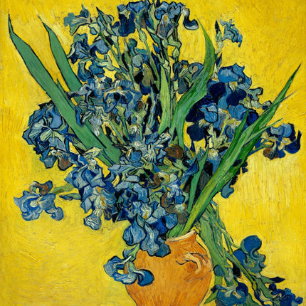 A fabric panel featuring a digitally printed image of a vase with irises, after Vincent Van Gogh's artwork.