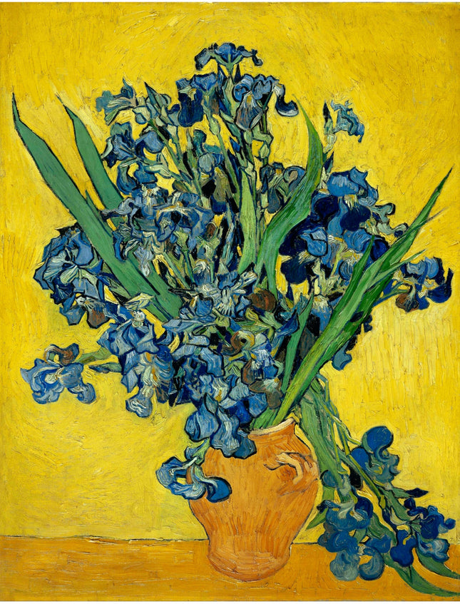 A fabric panel featuring a digitally printed image of a vase with irises, after Vincent Van Gogh's artwork.