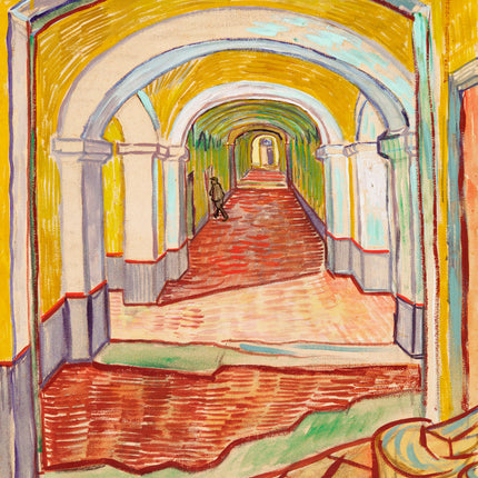 A digitally printed 100% cotton fabric panel featuring a reproduction of Vincent Van Gogh's artwork with arches and a vivid yellow background.