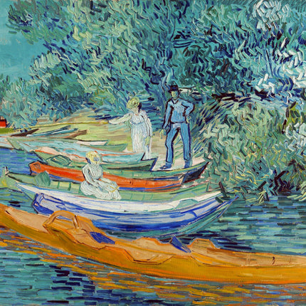 A digitally printed 100% cotton fabric panel featuring a vibrant artwork with boats and figures on a river, inspired by Vincent Van Gogh's style.