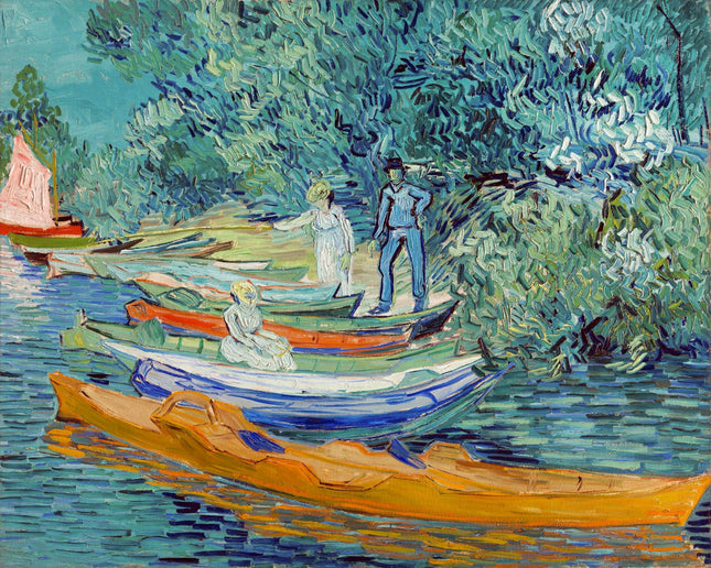 A digitally printed 100% cotton fabric panel featuring a vibrant artwork with boats and figures on a river, inspired by Vincent Van Gogh's style.