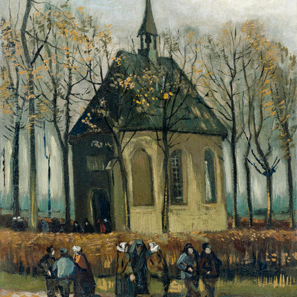 A fabric panel featuring a digital print of Vincent Van Gogh's artwork with a church in a natural setting.