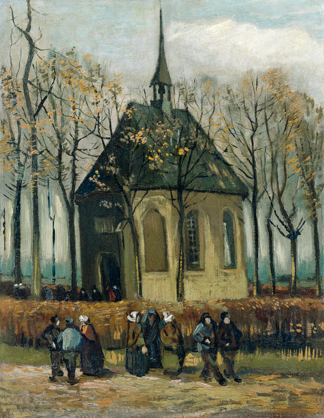 A fabric panel featuring a digital print of Vincent Van Gogh's artwork with a church in a natural setting.