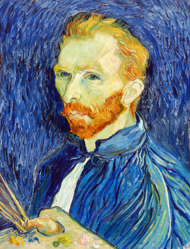 A digitally printed 100% cotton fabric panel featuring a self-portrait of Vincent Van Gogh with a focus on his face.