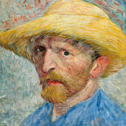 A fabric panel featuring a digitally printed self-portrait of Vincent Van Gogh with a straw hat and a blue shirt.
