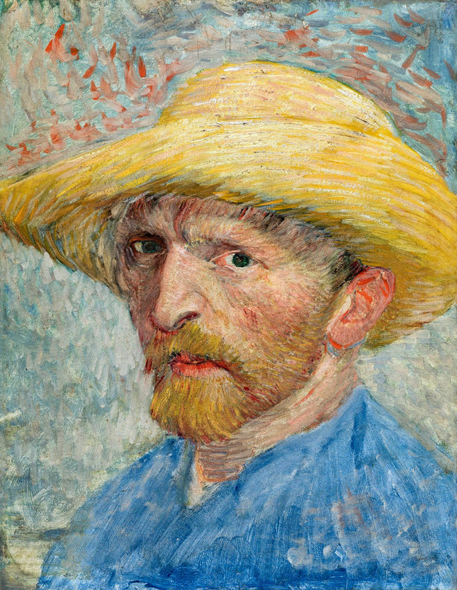 A fabric panel featuring a digitally printed self-portrait of Vincent Van Gogh with a straw hat and a blue shirt.