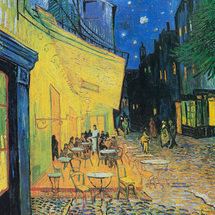 A digitally printed 100% cotton fabric panel featuring a reproduction of Vincent Van Gogh's 'Cafe at Night' painting, with a street cafe scene under a starry sky.