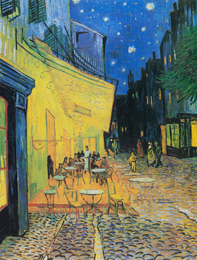 A digitally printed 100% cotton fabric panel featuring a reproduction of Vincent Van Gogh's 'Cafe at Night' painting, with a street cafe scene under a starry sky.