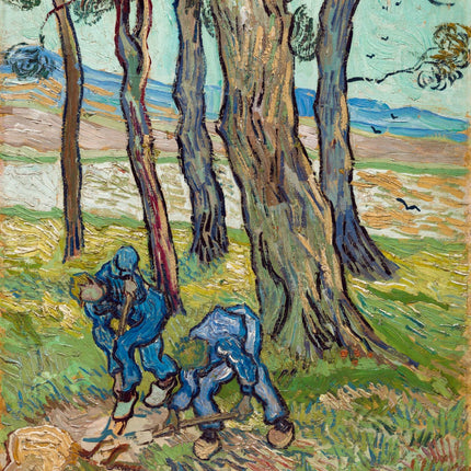 A fabric panel featuring a digital print of Vincent Van Gogh's artwork 'The Diggers', depicting two figures digging in a field with trees in the background.