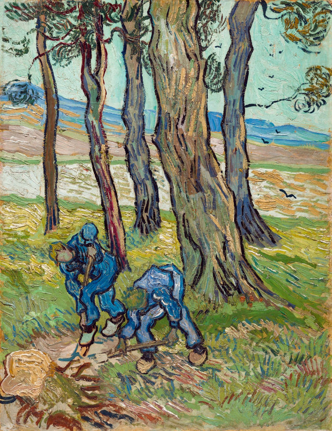 A fabric panel featuring a digital print of Vincent Van Gogh's artwork 'The Diggers', depicting two figures digging in a field with trees in the background.