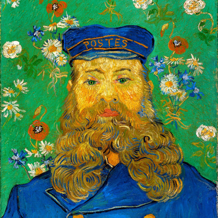 A digitally printed 100% cotton fabric panel featuring a portrait of Vincent Van Gogh dressed as a postman with a green background, floral patterns, and a blue uniform.