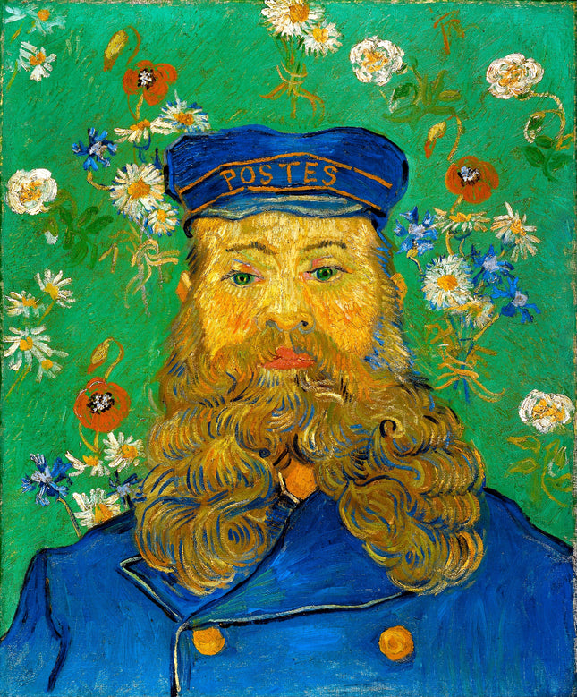 A digitally printed 100% cotton fabric panel featuring a portrait of Vincent Van Gogh dressed as a postman with a green background, floral patterns, and a blue uniform.