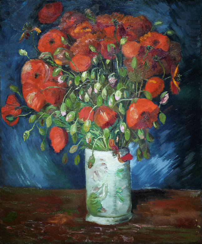 A digitally printed 100% cotton fabric panel featuring a vase with poppies, inspired by Vincent Van Gogh's artwork.