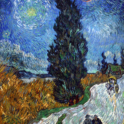 A fabric panel featuring a digitally printed reproduction of Vincent Van Gogh's painting 'Cypress at Night', showing a night scene with a crescent moon, cypress trees, and two figures walking on a path.