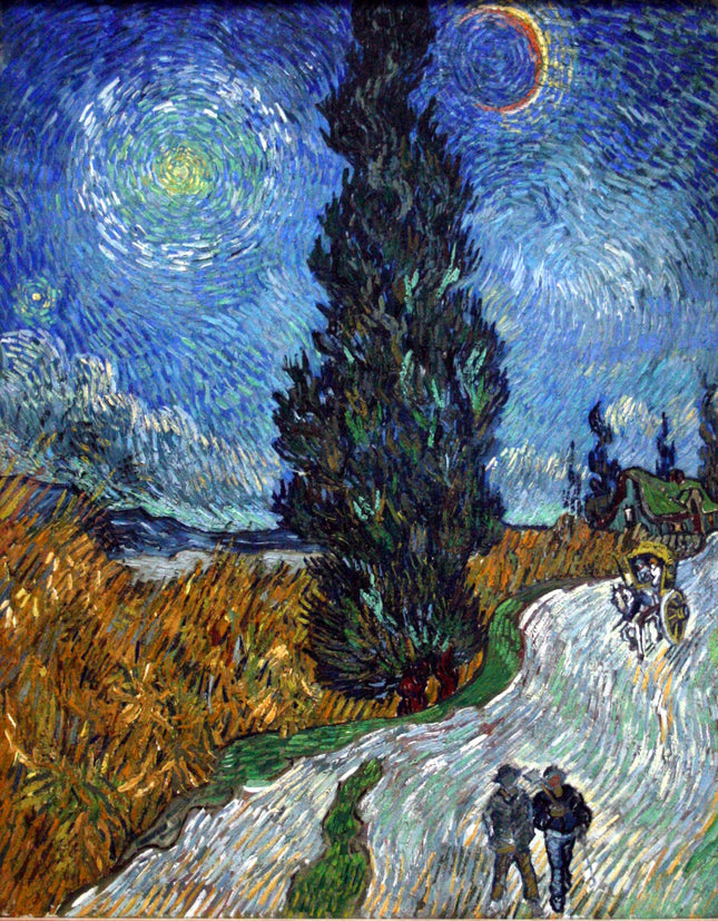 A fabric panel featuring a digitally printed reproduction of Vincent Van Gogh's painting 'Cypress at Night', showing a night scene with a crescent moon, cypress trees, and two figures walking on a path.