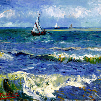 A digitally printed 100% cotton fabric panel featuring a Vincent Van Gogh classic art design with boats on a stormy sea.