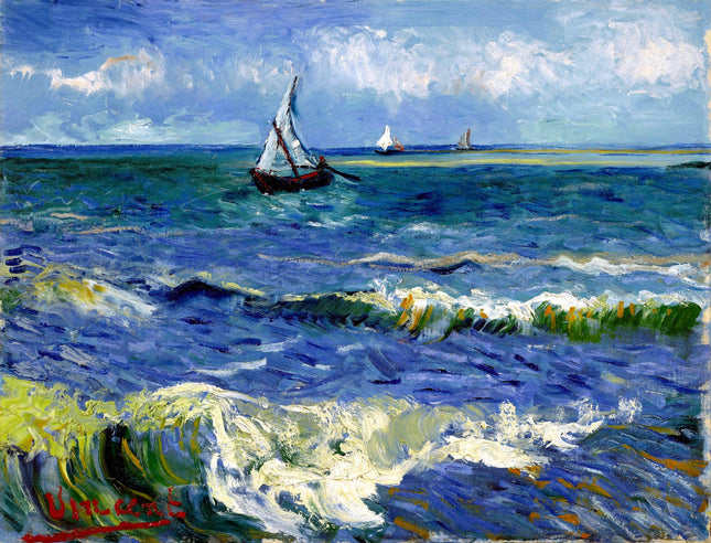 A digitally printed 100% cotton fabric panel featuring a Vincent Van Gogh classic art design with boats on a stormy sea.
