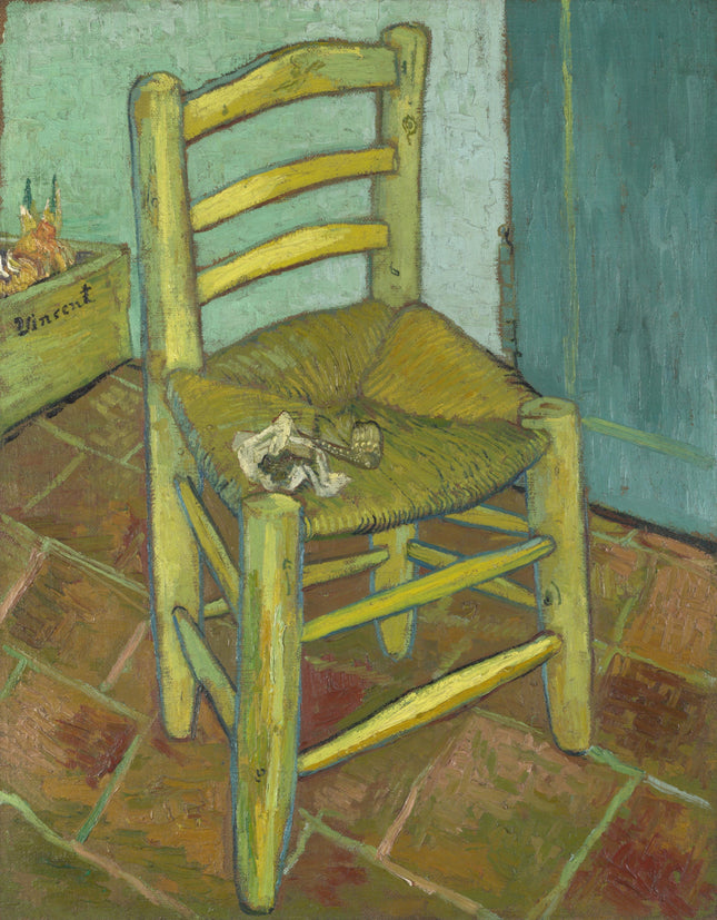 A fabric panel featuring a digitally printed representation of a painting of a chair by Vincent Van Gogh.