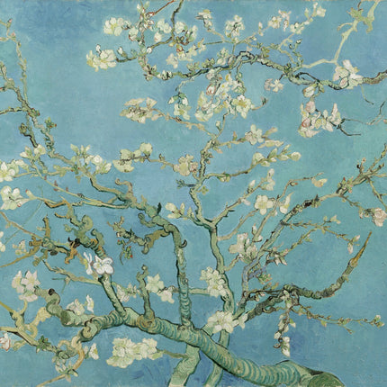 A fabric panel featuring a digitally printed reproduction of Vincent Van Gogh's painting 'Almond Blossom' with pink and white flowers on a blue background.