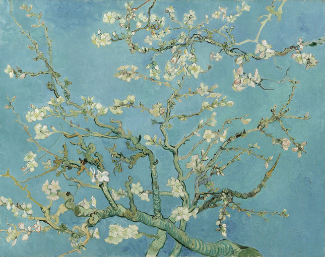 A fabric panel featuring a digitally printed reproduction of Vincent Van Gogh's painting 'Almond Blossom' with pink and white flowers on a blue background.