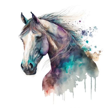 A digitally printed 100% cotton fabric panel featuring a horse with a boho style, with a mix of teal, purple, and brown colors.