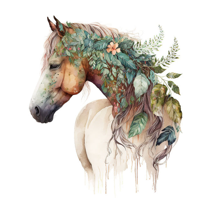 A fabric panel featuring a horse with a floral and leafy mane
