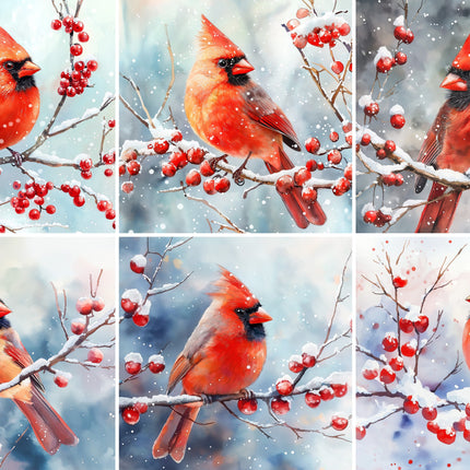 6 Piece 4"x4" Winter Cardinals 100% Cotton Fabric Panel Squares Quilting Blocks