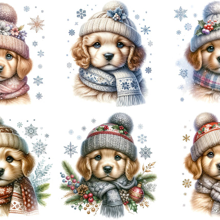 6 Piece 4"x4" Winter Puppies Dogs 100% Cotton Fabric Panel Squares Quilting Blocks
