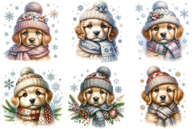 6 Piece 6"x6" Winter Puppies 100% Cotton Fabric Panel Squares Quilting Blocks