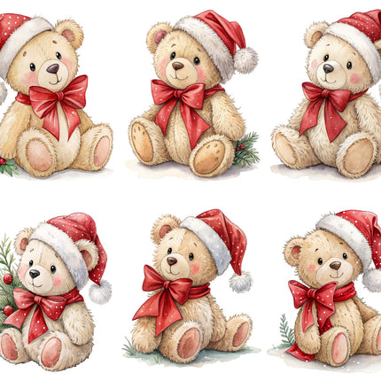 6 Piece 5"x5" Christmas Teddy Bears 100% Cotton Fabric Panel Squares Quilting Blocks