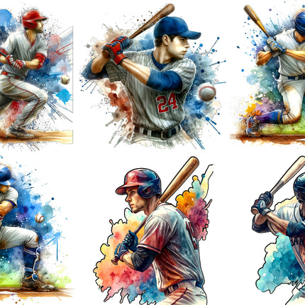 Set of six illustrated baseball players in action poses with colorful splashes.