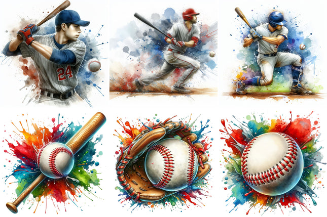 A set of six fabric panels featuring baseball-related imagery, including players and equipment, with a colorful and artistic flair.
