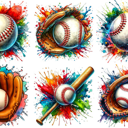 Set of six baseball and glove illustrations with colorful splashes on a white background