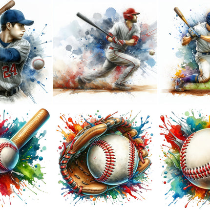 A set of six fabric panels featuring images of baseball players and equipment, with a watercolor splash background.