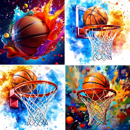 Four colorful basketball-themed illustrations with a ball and hoop on a vibrant background.