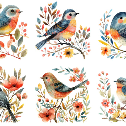 A collection of six fabric panels featuring watercolor birds quilt blocks