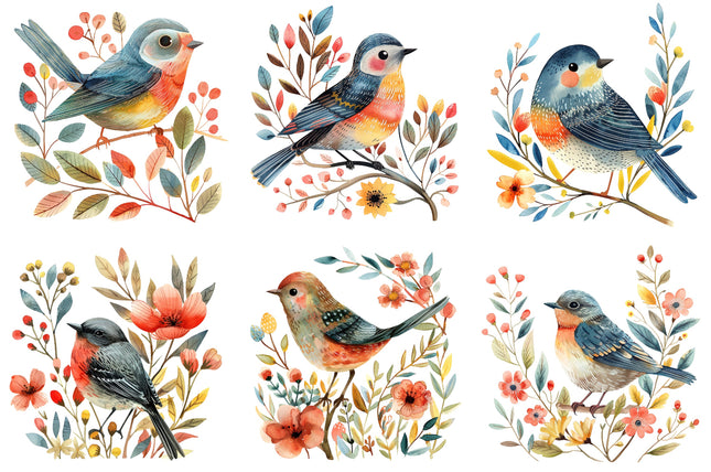 A collection of six fabric panels featuring watercolor birds quilt blocks