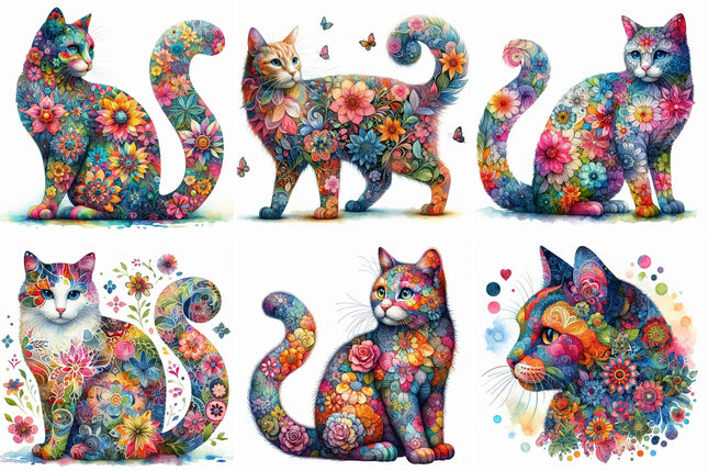 A collection of six different floral cat designs, with each cat depicted in a colorful floral pattern