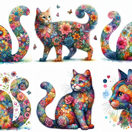 A set of six fabric panels featuring a floral cat design, with each cat in a different pose