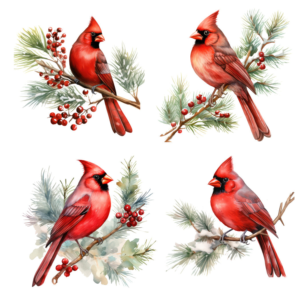 4 Piece 5"x5" Winter Cardinals 100% Cotton Fabric Panel Squares | Quilting Sewing Blocks