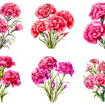 6 Piece 6"x6" Pink Carnations 100% Cotton Fabric Panel Squares Quilting Blocks