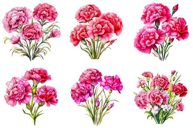 6 Piece 6"x6" Pink Carnations 100% Cotton Fabric Panel Squares Quilting Blocks