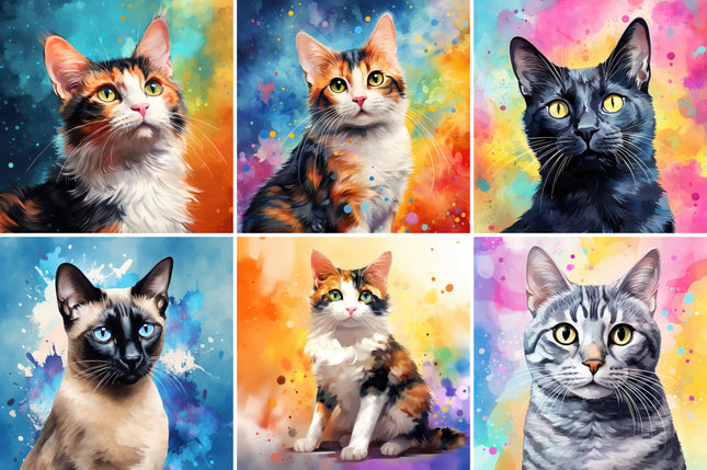 6 Piece 6"x6" Colorful Cats 100% Cotton Fabric Panel Squares Quilting Blocks