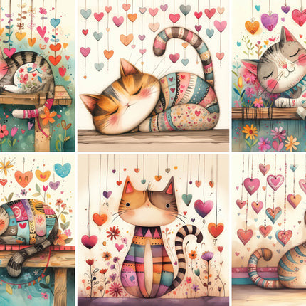 6 Piece 3"x3" Whimsical Cats 100% Cotton Fabric Panel Squares Quilting Blocks