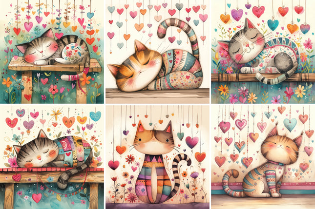 6 Piece 3"x3" Whimsical Cats 100% Cotton Fabric Panel Squares Quilting Blocks