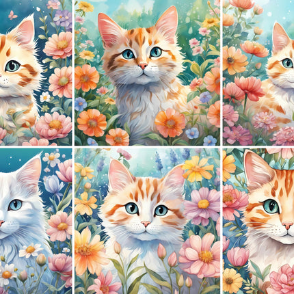 6 Piece 6"x6" Floral Cats 100% Cotton Fabric Panel Squares Quilting Blocks