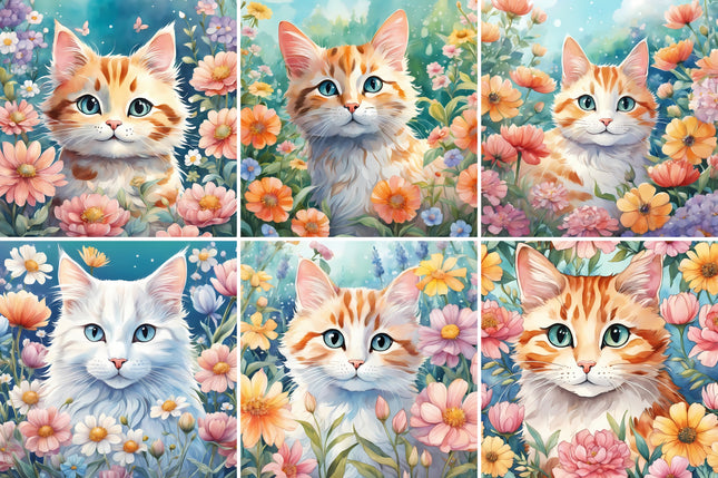 6 Piece 6"x6" Floral Cats 100% Cotton Fabric Panel Squares Quilting Blocks