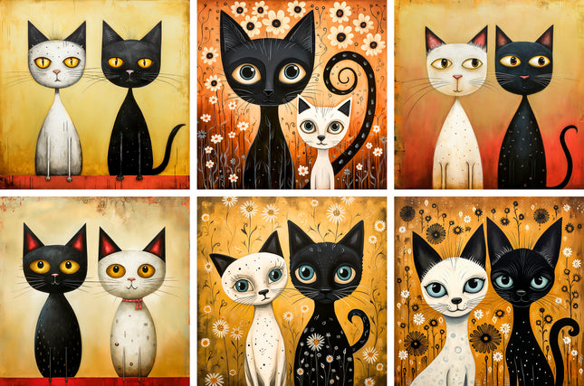 6 Piece 5"x5" Cats 100% Cotton Fabric Panel Squares Quilting Blocks