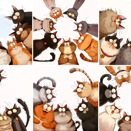 6 Piece 4"x4" Humor Quirky Cats 100% Cotton Fabric Panel Squares Quilting Blocks