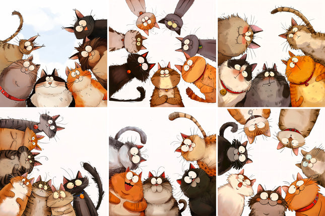 6 Piece 4"x4" Humor Quirky Cats 100% Cotton Fabric Panel Squares Quilting Blocks